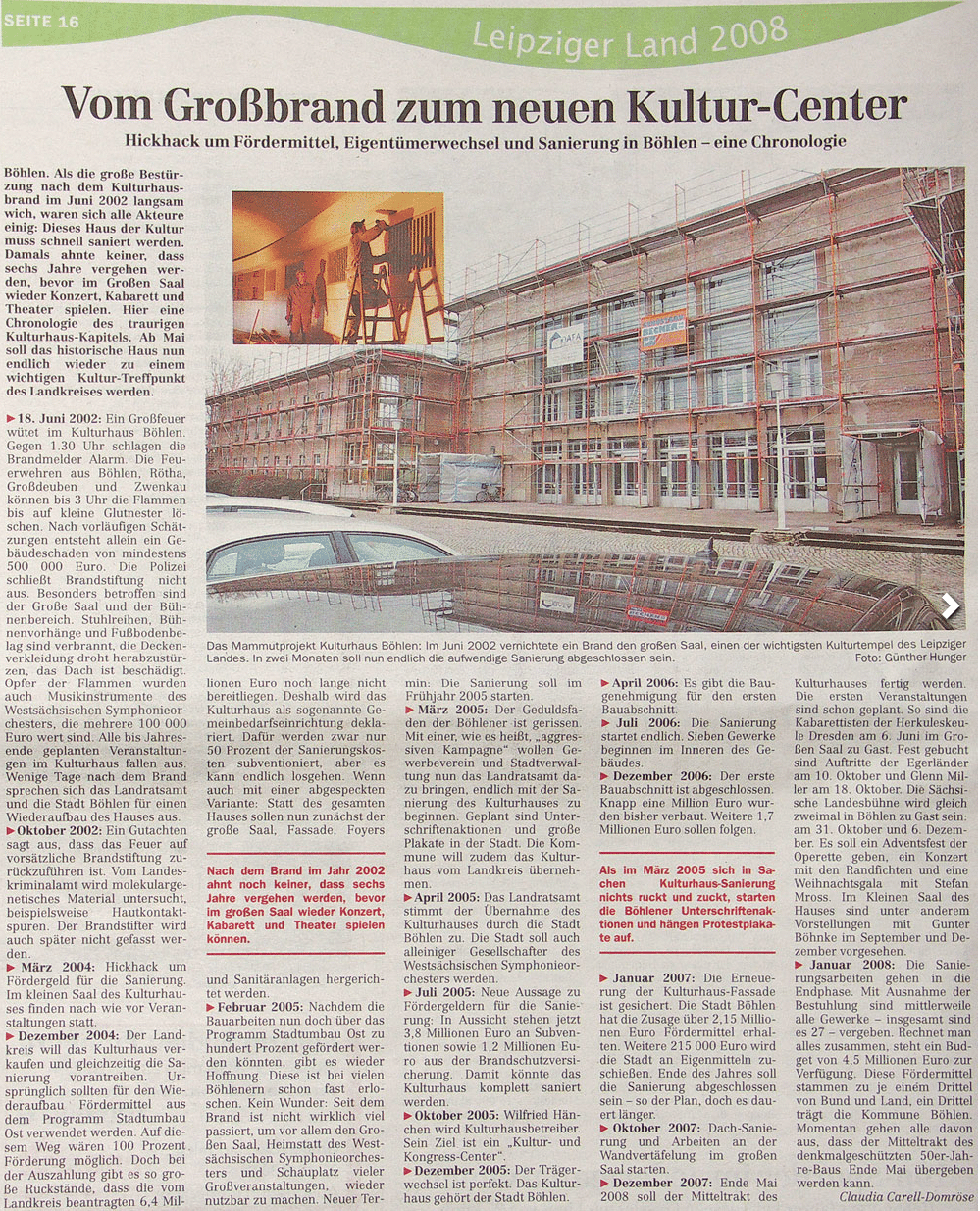 Kulturhaus Böhlen, Historisches, Zeitungsausschnitt, Großbrand 18.06.2002